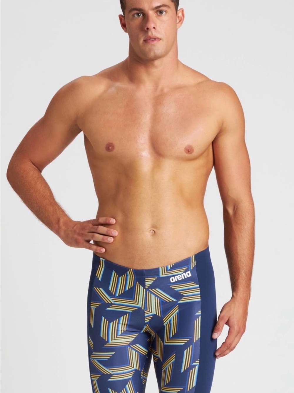 NWT Arena Men's Navy Geo-Print Swim Rash Tights with Yellow Accents